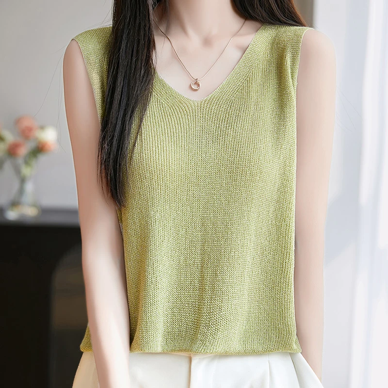 夏季冰丝无袖背心气质百搭亮丝外穿针织背心时尚通勤薄款打底V领