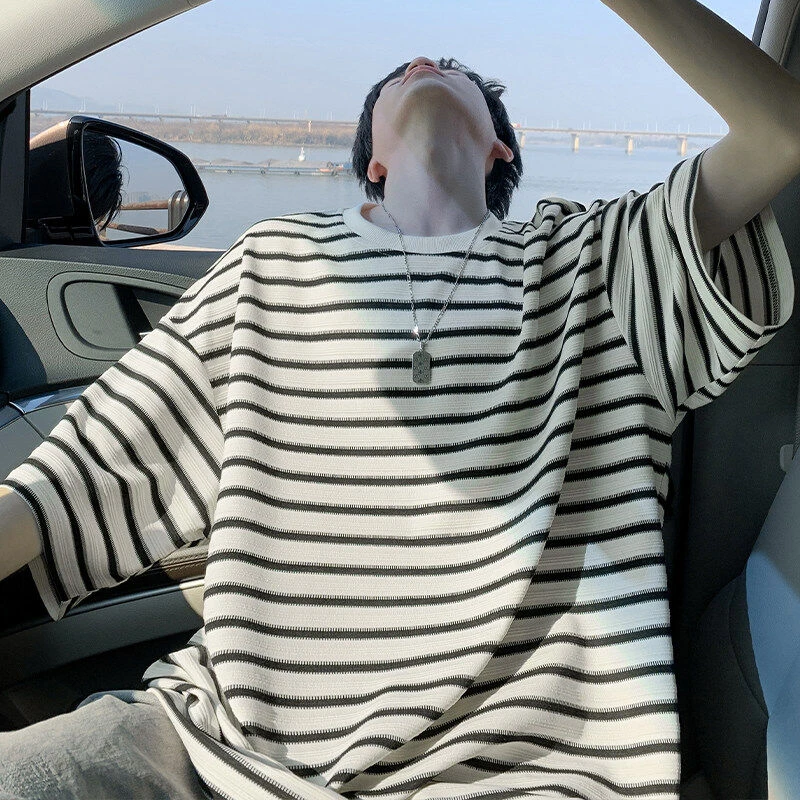 夏季圆领条纹T恤ins潮牌潮流复古百搭宽松休闲短袖男高级感五