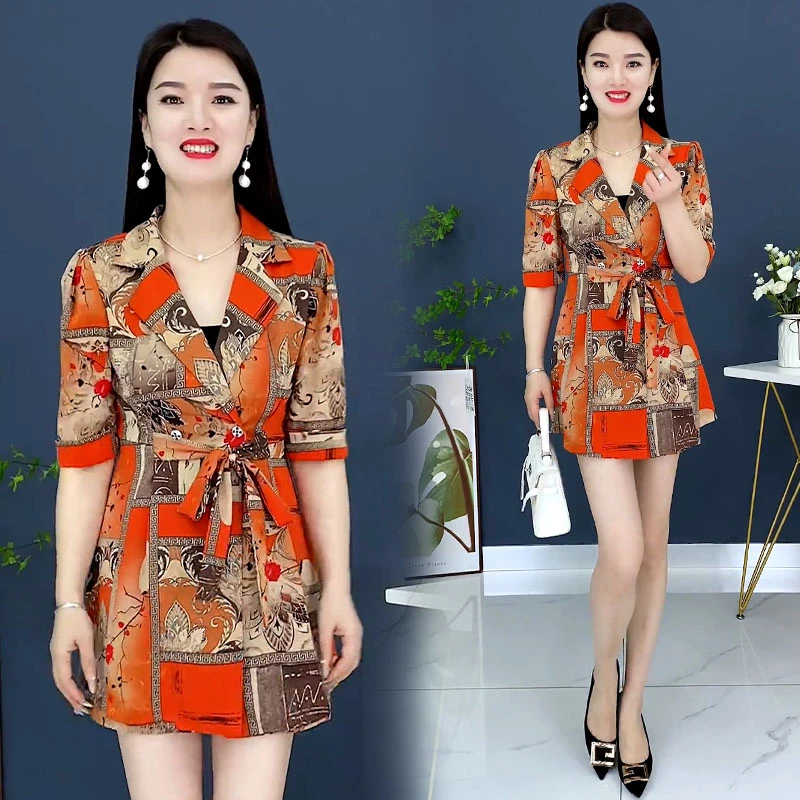 时尚显瘦半袖连衣裙女士套装2025年夏季新款小个子印花短裤两件套