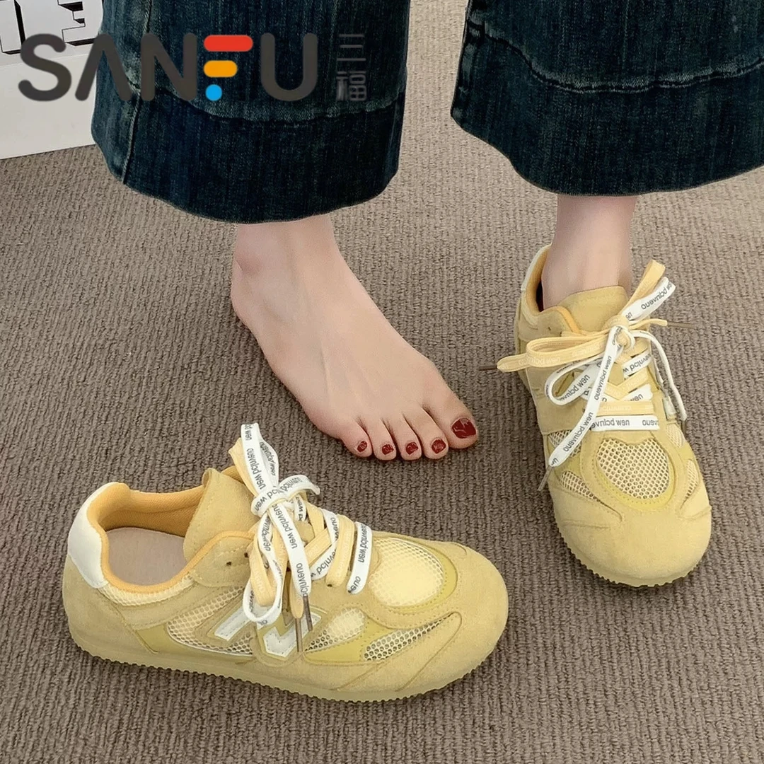 三福奶油网面德训鞋女款爆款夏季秋季网面透气小白鞋软底舒适女鞋
