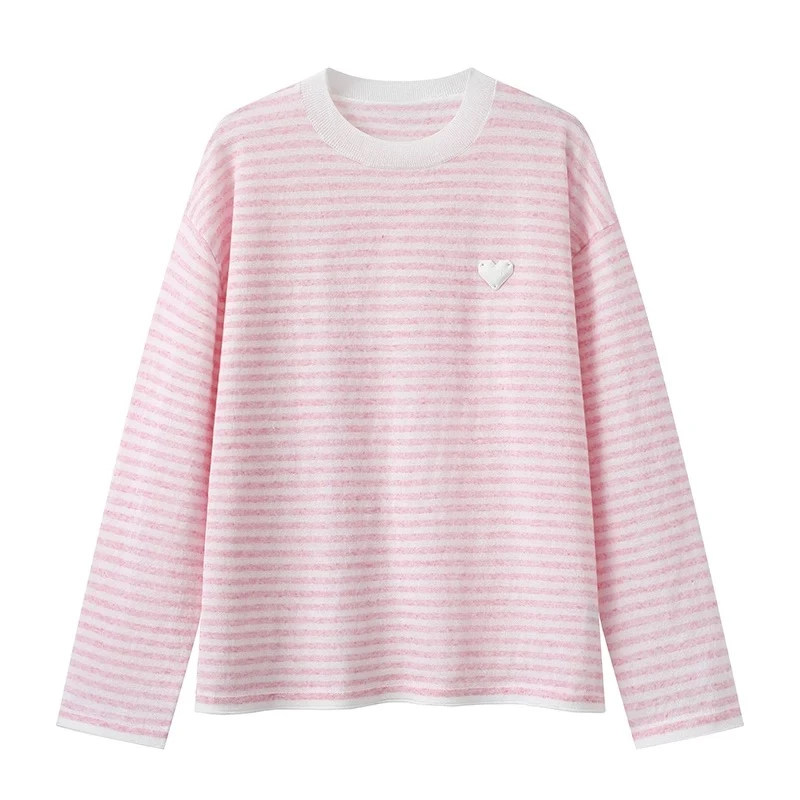 1524春新款甜美减龄爱心刺绣长袖T恤宽松显瘦百搭打底上衣女