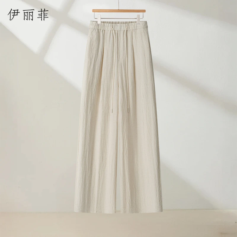 阔腿裤女2025夏薄款抽绳松紧高腰垂感冰丝直筒裤百搭宽松显瘦长裤