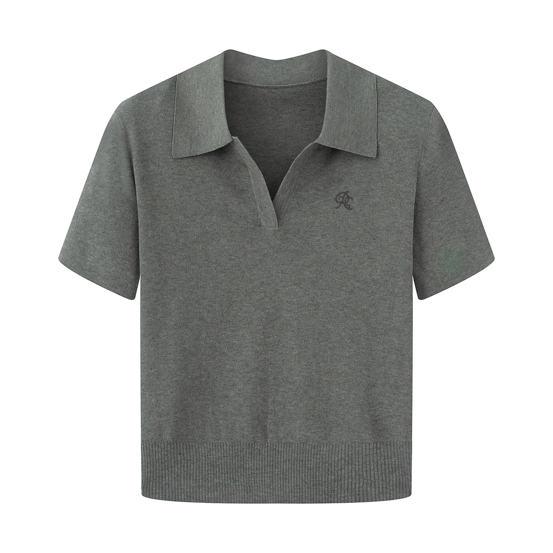 迪家短袖女上衣小众polo时尚V领针织衫-3103