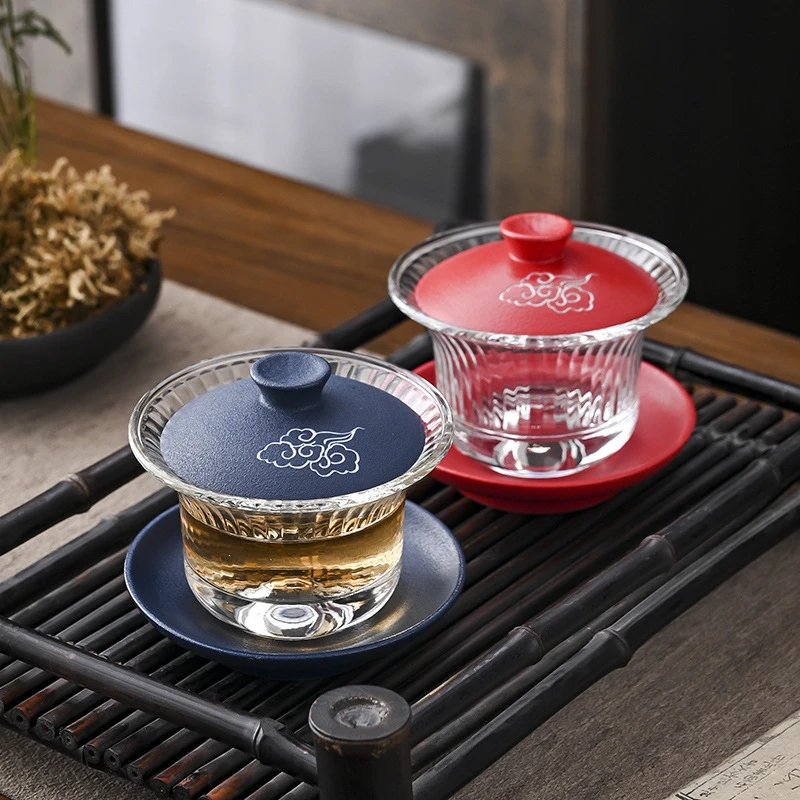 中式耐热玻璃盖碗盖碗茶杯陶瓷三才盖碗家用泡茶碗透明敬茶碗