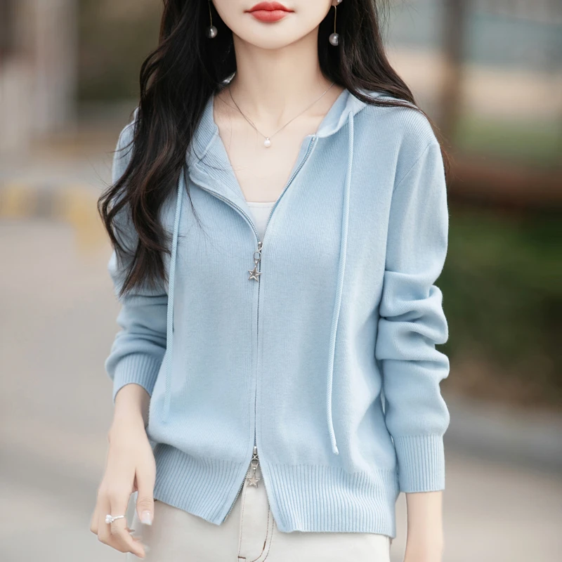 女长袖不褪色腈纶绒拉链帽针织衫纯色短款时尚连帽毛衣毛针织开衫