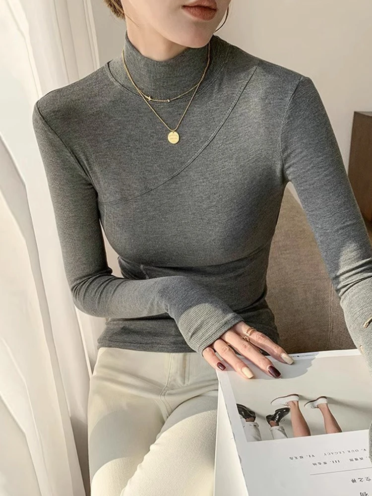 德绒半高领打底衫女秋冬内搭时尚洋气修身显瘦加绒长袖t恤上衣潮