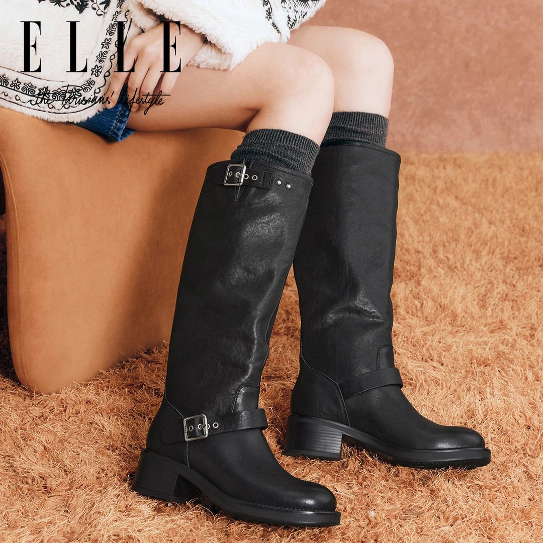 ELLE不过膝长靴女2025冬季新款厚底圆头显瘦长筒靴粗跟复古骑士靴