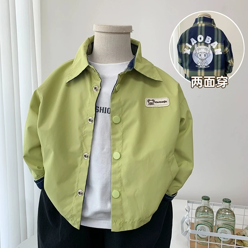 男童春装外套时尚格子两面穿风衣2025新款韩版儿童帅气夹克开衫潮