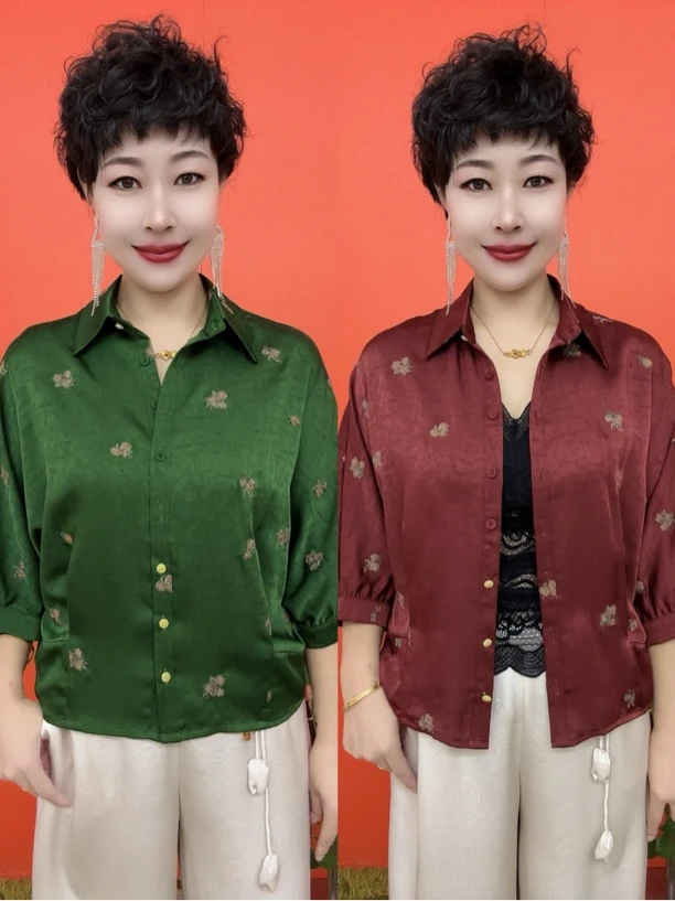 品质衬衫领刺绣花分袖妈妈衫