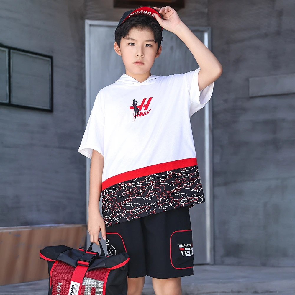 时尚夏季男t恤中大童宽松常规套头嘻哈休闲风套装