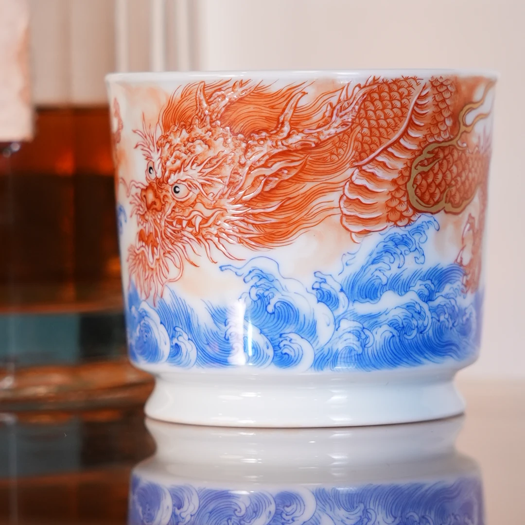 【念物山坊】青花矾红鱼化龙容天杯  景德镇纯手绘名窑口瓷器n003