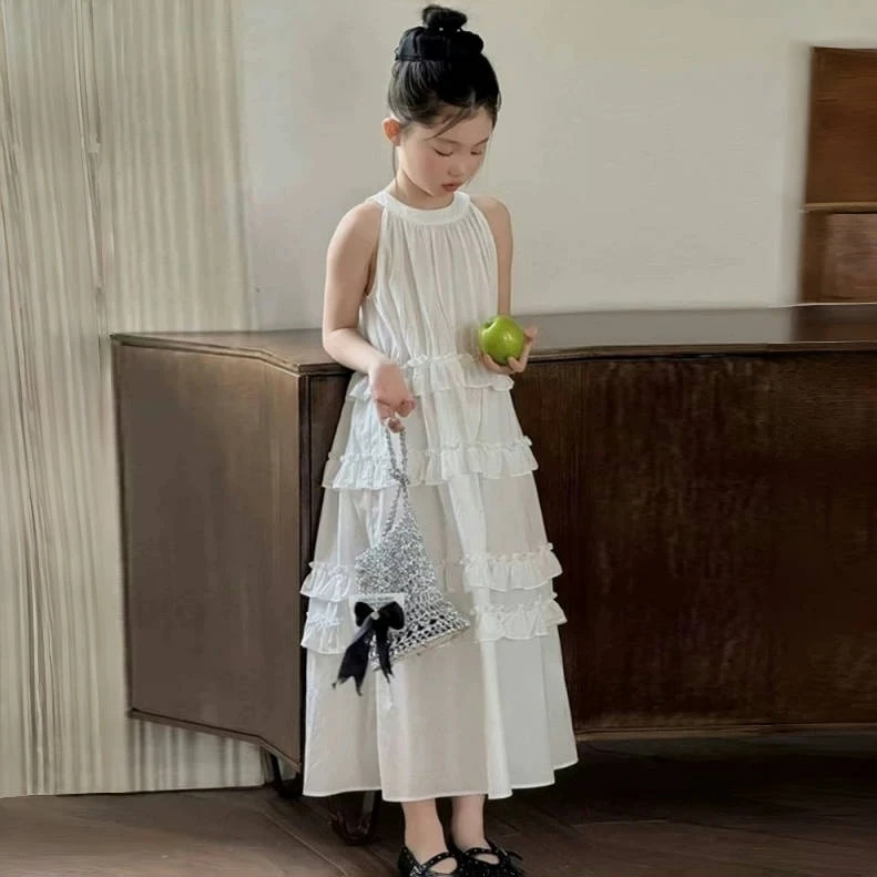 女童挂脖连衣裙夏季2025新款洋气儿童蛋糕裙子长裙女孩夏装公主裙