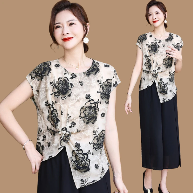 母亲节中年妈妈短袖雪纺衫女时尚洋气减龄小个子夏装上衣恤套装