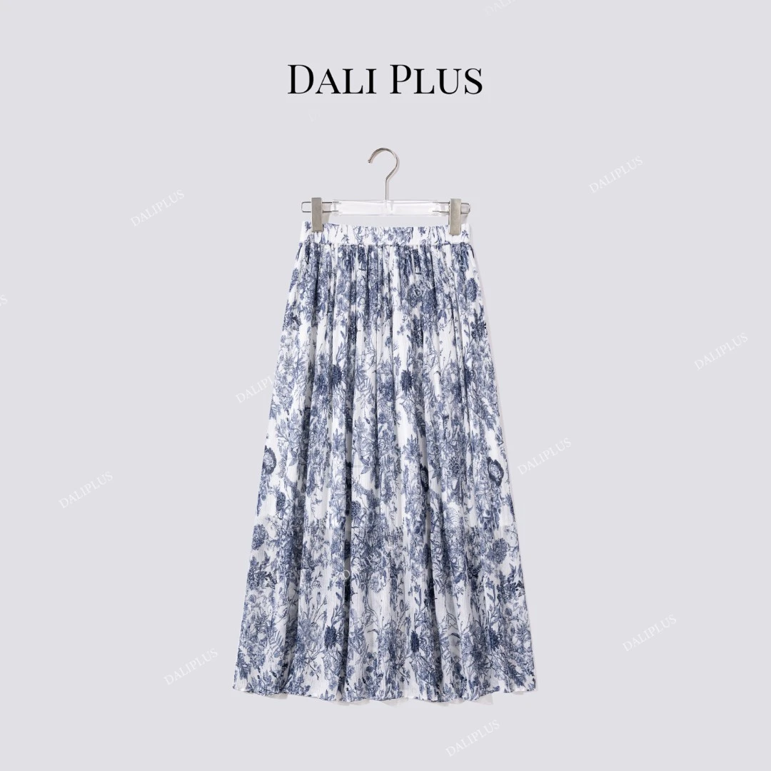 DALI PLUS“蚕丝青花瓷半裙”褶皱印花松紧腰半身裙伞裙-D5ST1162