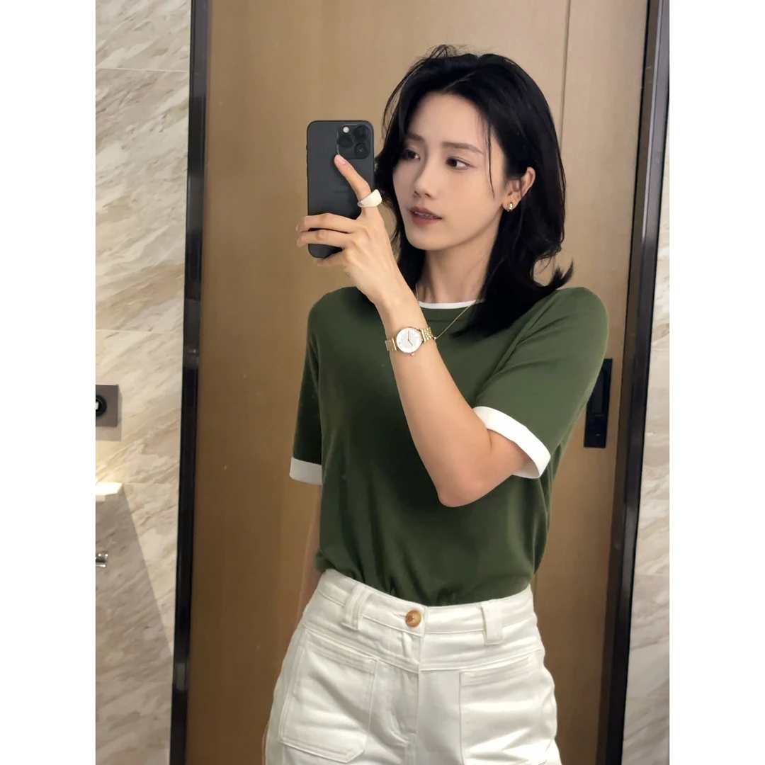 REALNEEI【绿意tee】欧若风天丝拼接领口显瘦基础针织短袖T恤22208