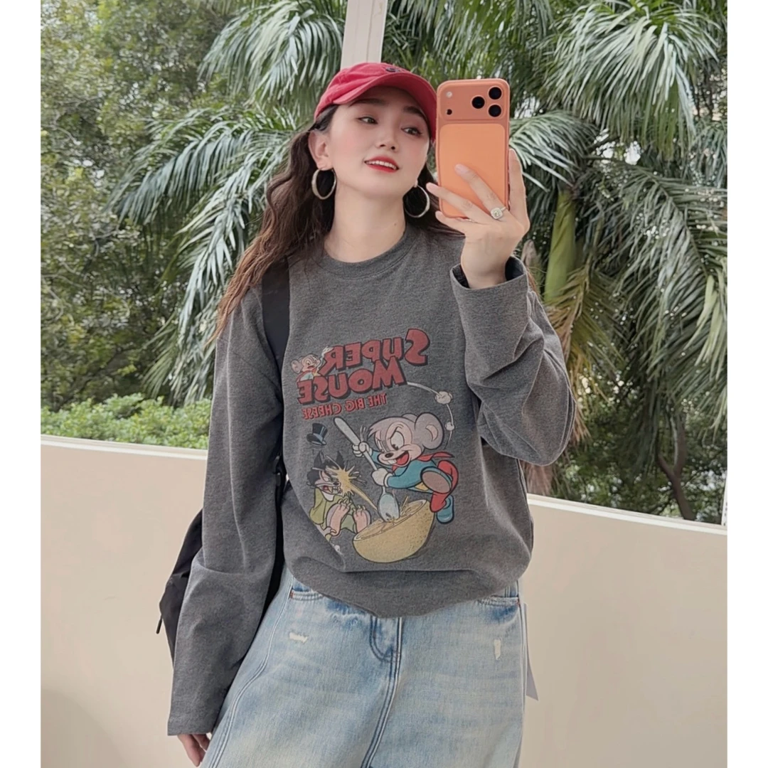 佟掌柜-调皮小老鼠 圆领德绒印花宽松百搭T恤