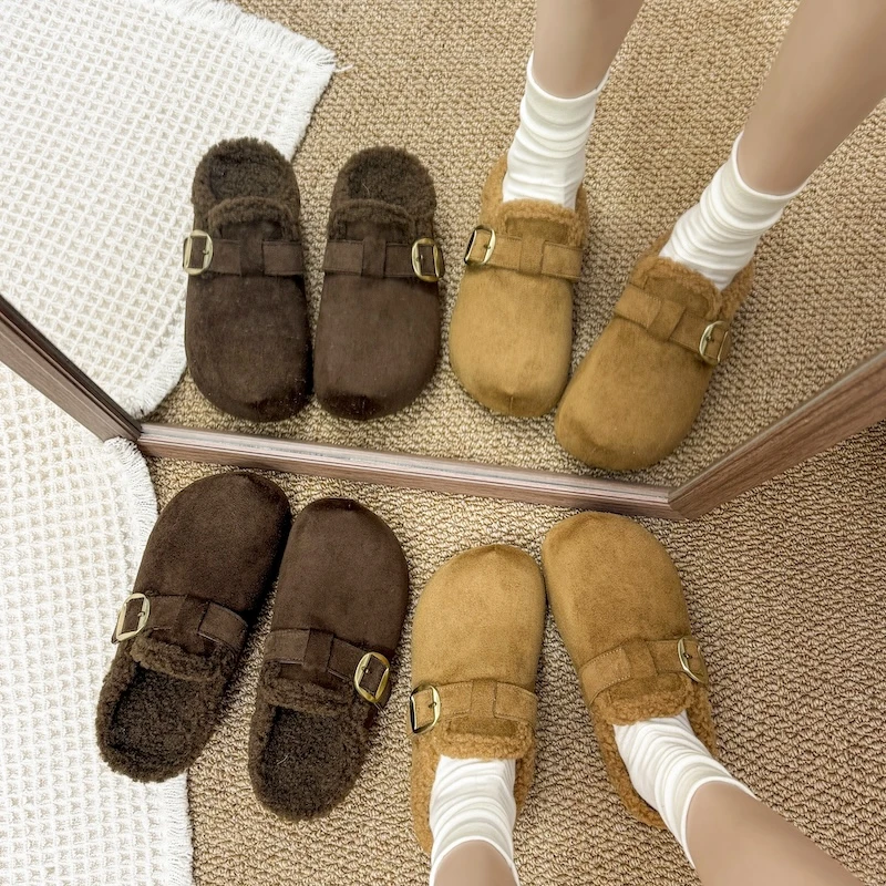 牛皮加绒勃肯半拖鞋女秋冬时尚穿搭厚底文艺百搭穆勒拖鞋BK106