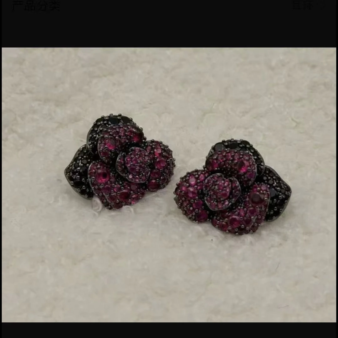 铜合金耳饰 C100黑粉花朵闪闪高级款耳钉耳饰