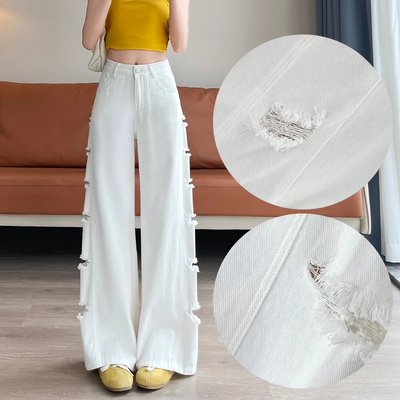 破洞白色牛仔裤女款爆款2025新款夏季薄款高腰宽松显瘦阔腿裤长裤