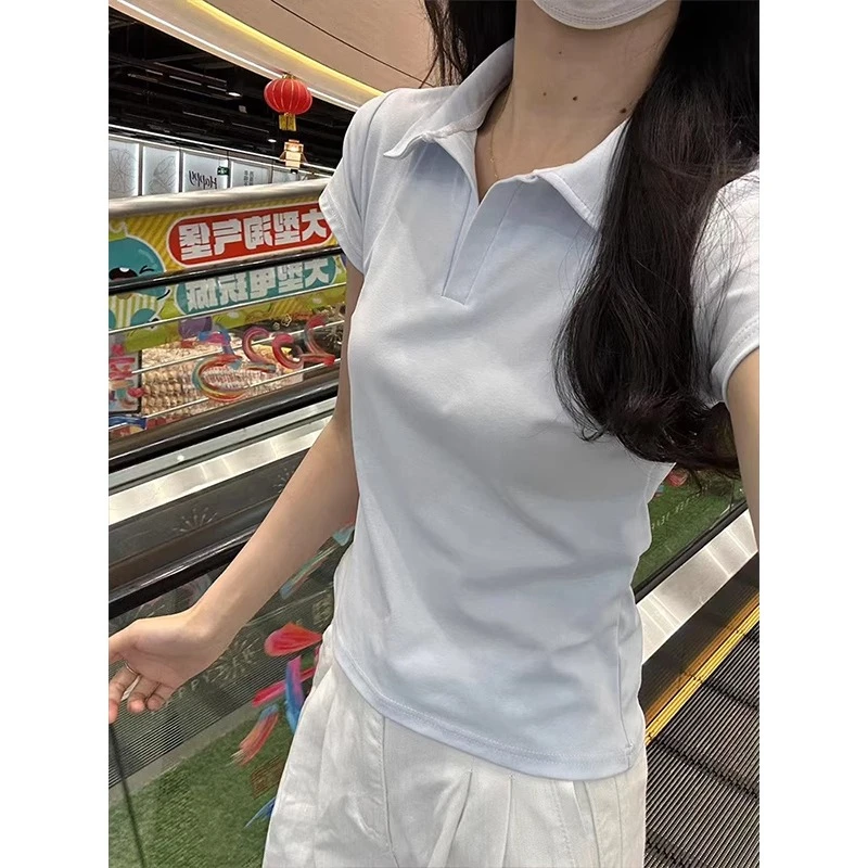 纯色正肩polo衫t恤极简风短袖POLO领T恤常规款常规型透气通勤上衣
