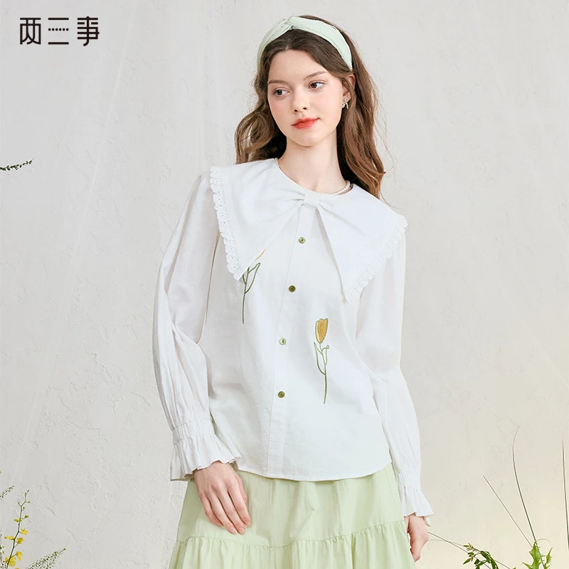 两三事悠然清园 复古绣花蕾丝翻领长袖衬衫S25CC288