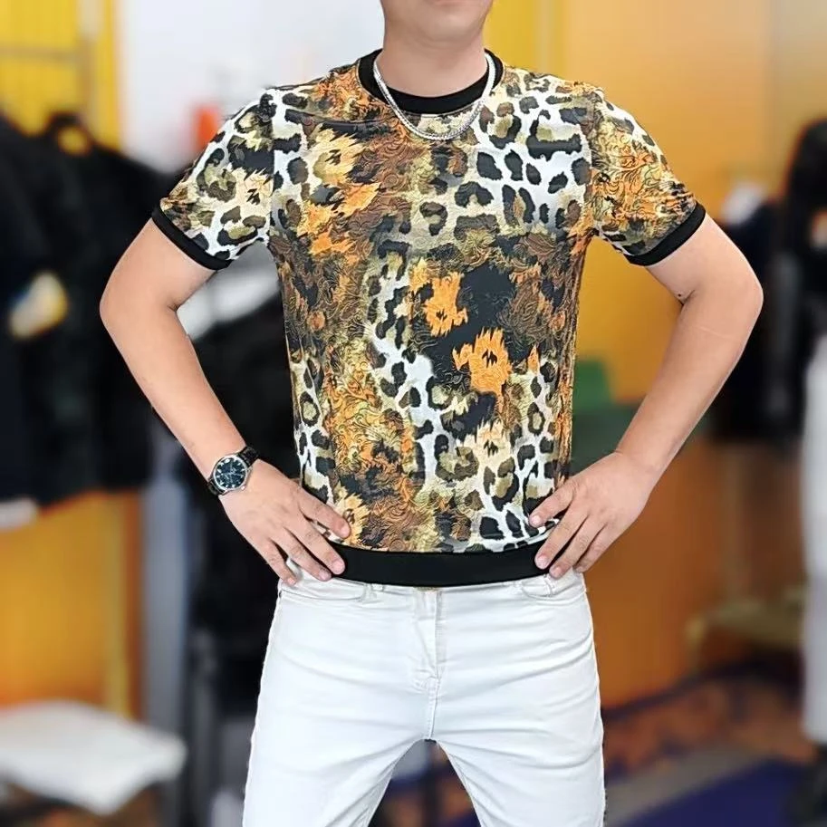 1170印花时尚男士冰丝修身潮流豹T恤新款休闲薄款圆领半袖上衣