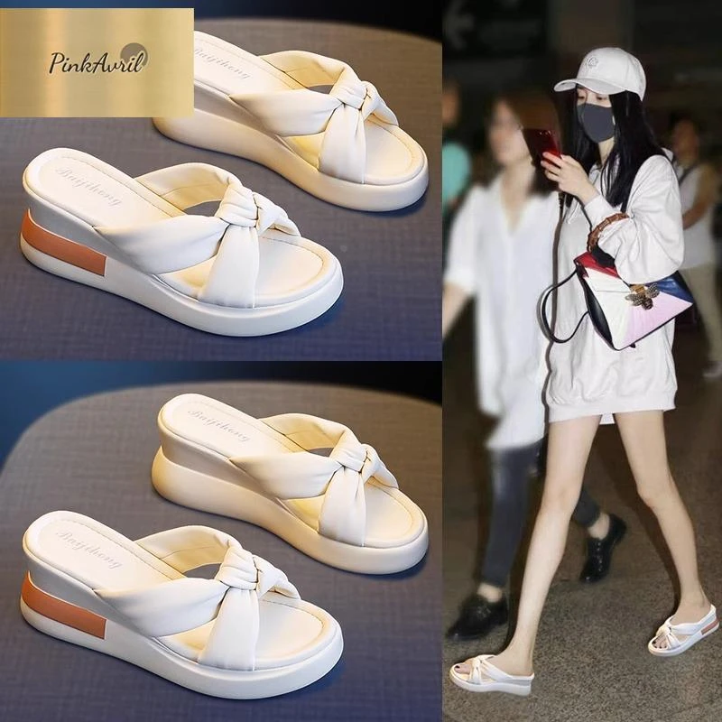 PinkAvril拖鞋女夏季外穿2025新款女鞋时尚厚底坡跟高跟女士凉鞋