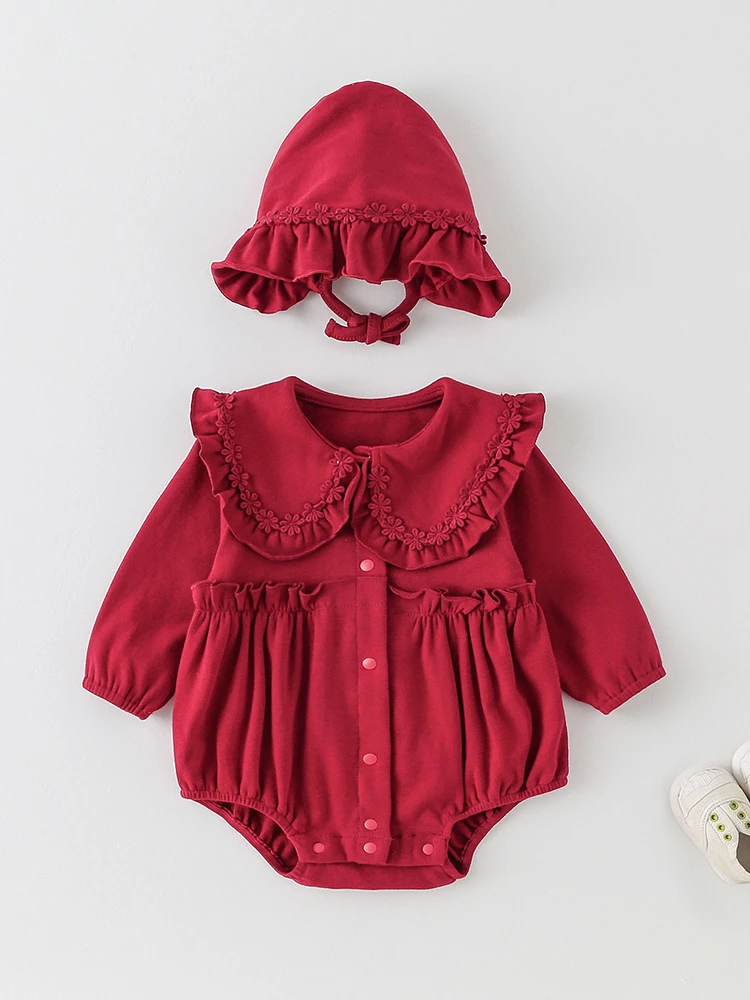 女宝秋季长袖可爱韩版红色洋气公主爬服新生婴儿满月百天周岁礼服