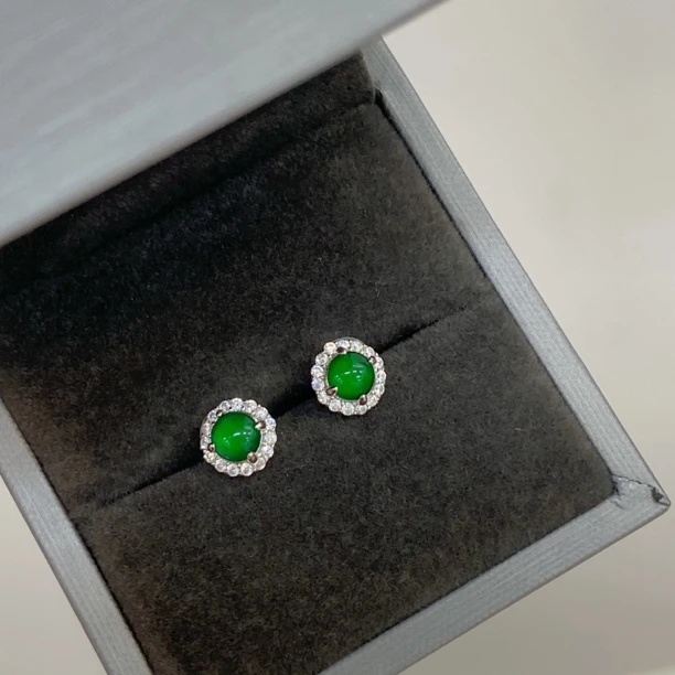 【元满】经典款耳钉 S925银镶嵌冰阳满绿翡翠蛋面耳钉不过敏简约