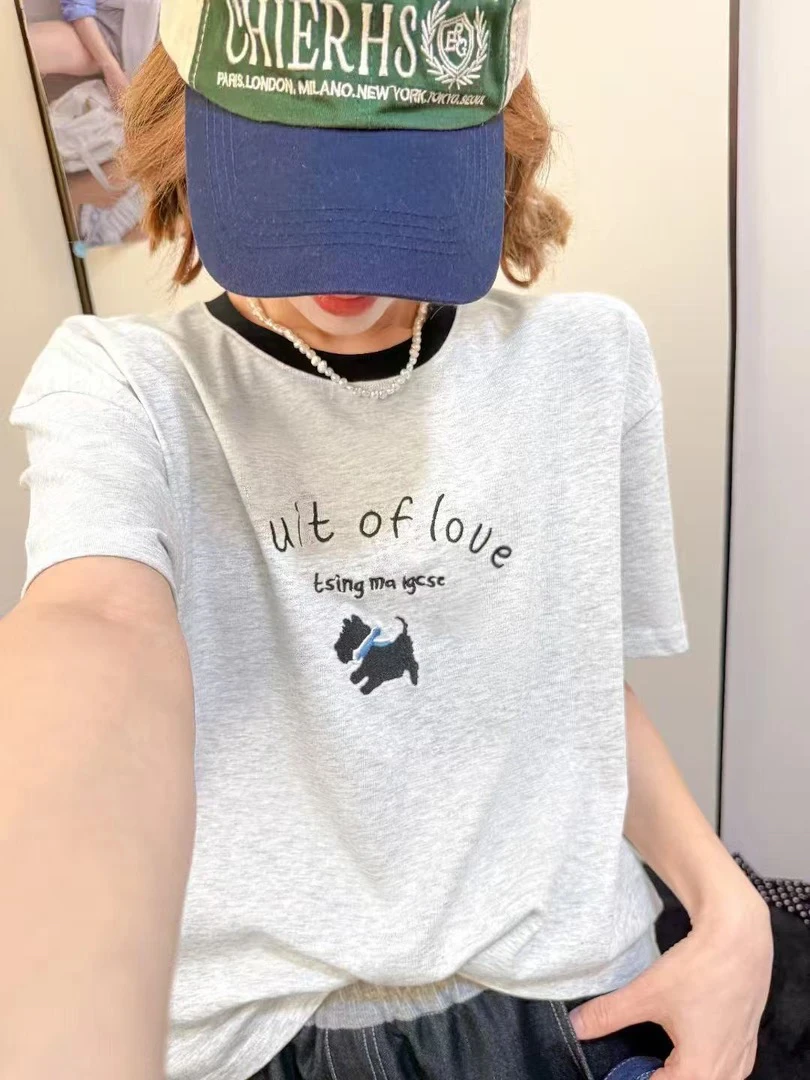 极简风刺绣ins网红露背春夏中袖时尚短袖潮流T恤通勤