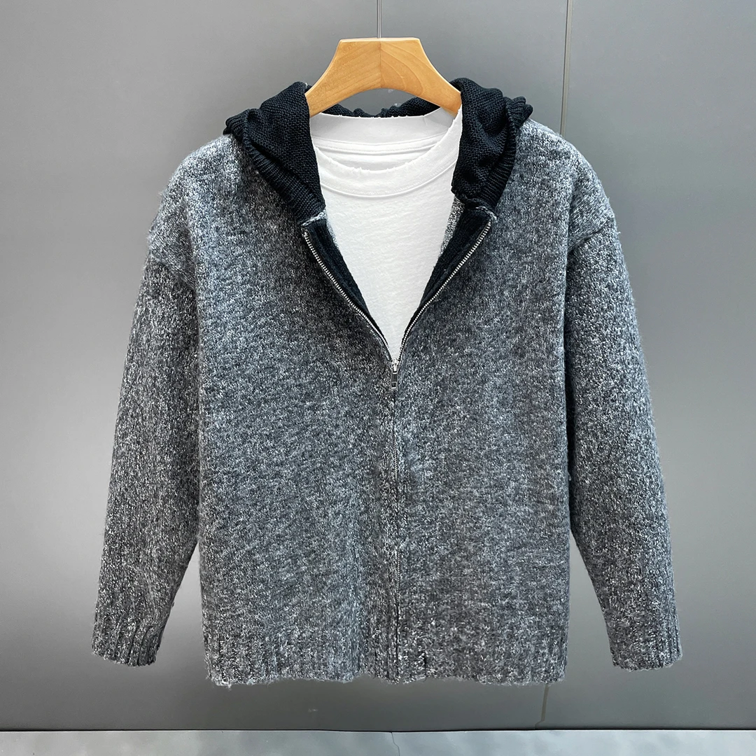 时尚都市氛围感灰色连帽开衫针织衫秋款时尚百搭宽松男装针织外套