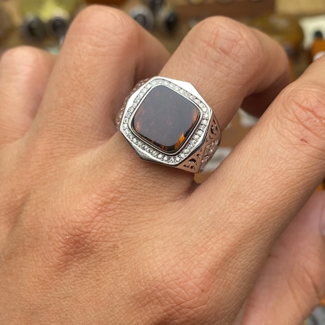 琥珀银S925镶嵌戒指