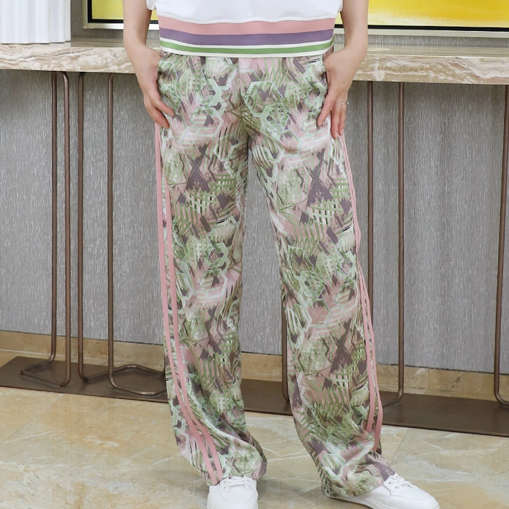不规则图案配粉色条纹直筒裤休闲裤女
