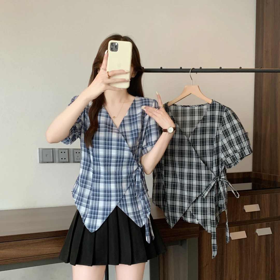 2025夏季新款胖mm大码女法式格子V领衬衫系带收腰显瘦T恤上衣9710