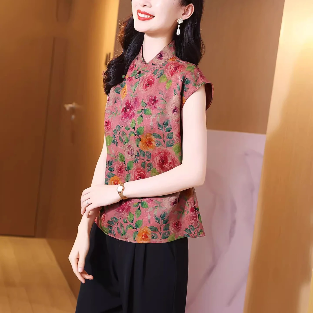 气质印花真丝衬衫上衣女夏季短袖红云纱新中式复古花萝桑蚕丝小衫
