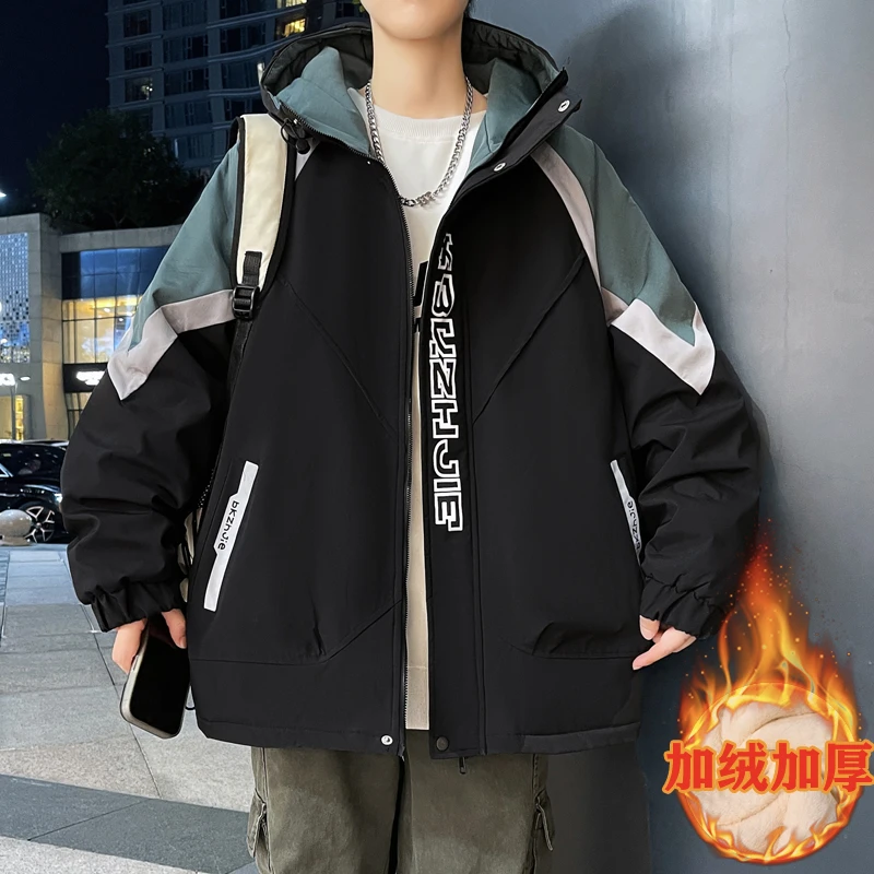 冬季加绒加厚青少年夹棉男士夹克青少年帅气连帽