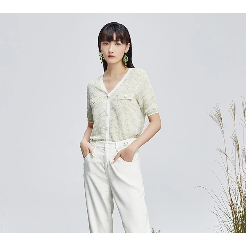 【直播专享】商场同款新品晕染工艺提花V领针织衫NDY5A32694