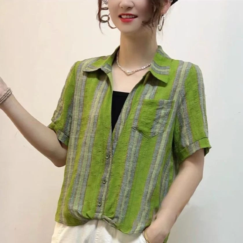 夏季韩版休闲时尚百搭假两件衬衫气质印花显瘦女士洋气短袖上衣女