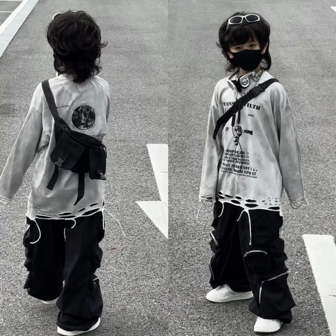 乐乐家儿童春秋款手工破洞复古水洗棉质上衣打底衫长袖百搭