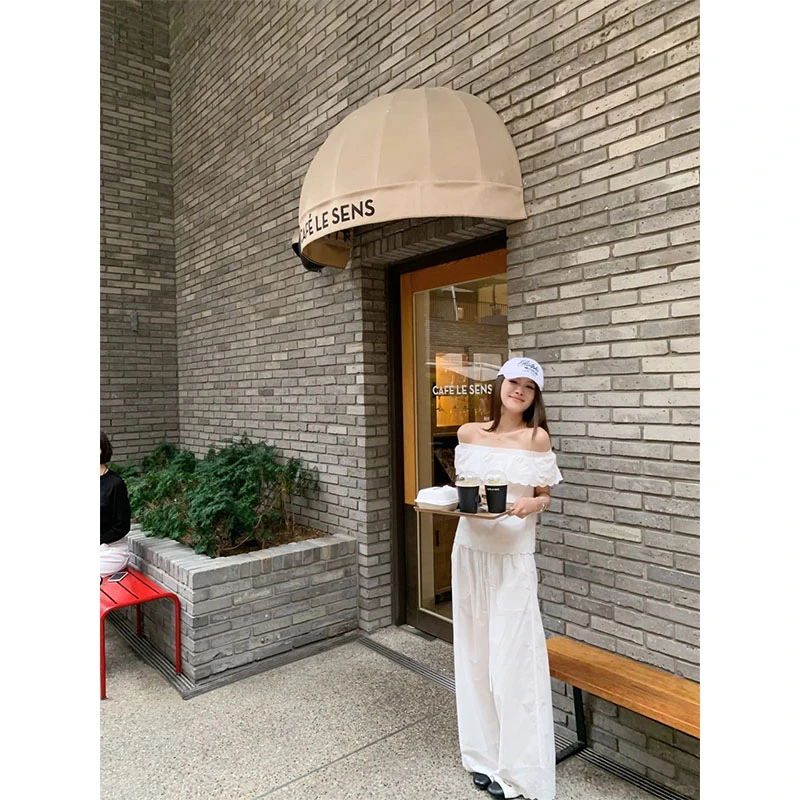 夏季小性感休闲休闲百搭洋气花边设计短袖一字肩上衣高腰直筒裤女