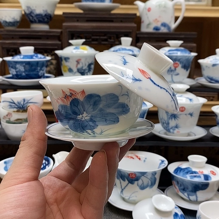 手绘微瑕荷花盖碗