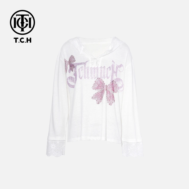 TCH私服烫钻工艺时尚休闲百搭舒适长袖T恤女T75B08E5009轻奢tch