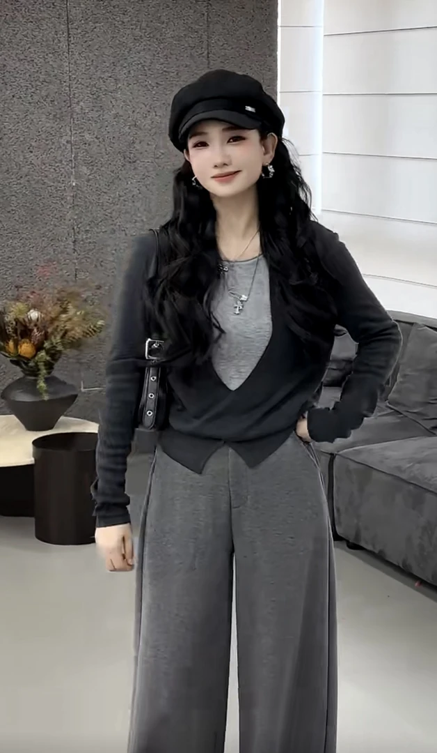 欧货2025秋冬假两件洋气设计撞色长袖针织衫气质宽松显瘦上衣女