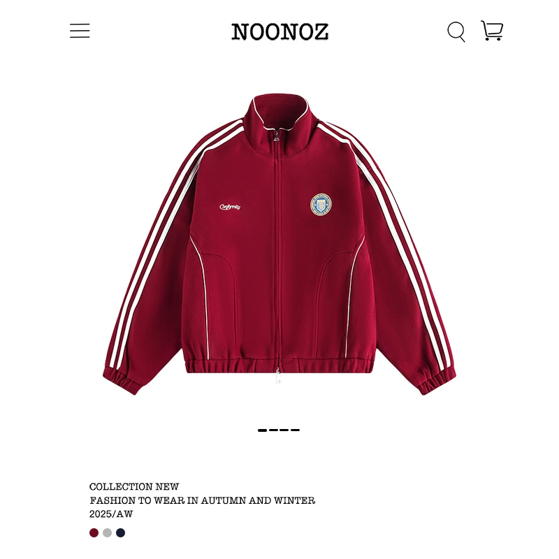 NOONOZ美式运动风解构三条杠立领开衫卫衣男女潮牌学院风拉链外套