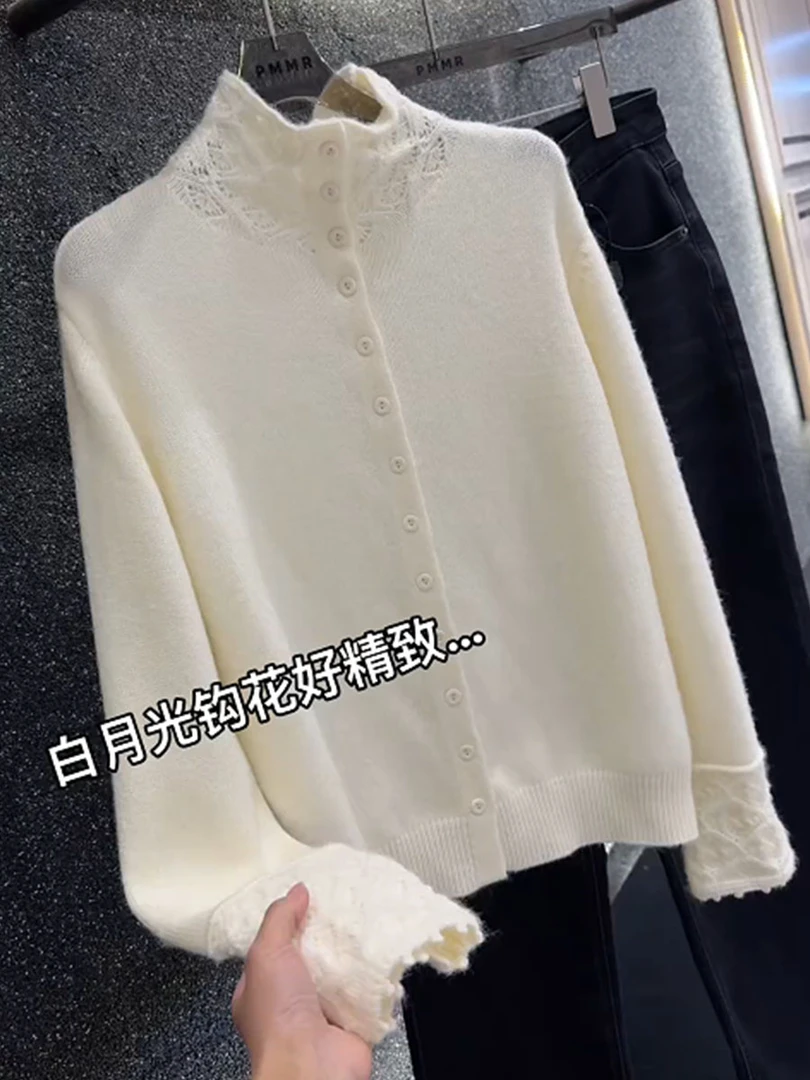 白色高领长袖针织开衫女2025冬新款法式钩花气质精致舒适毛衣外套