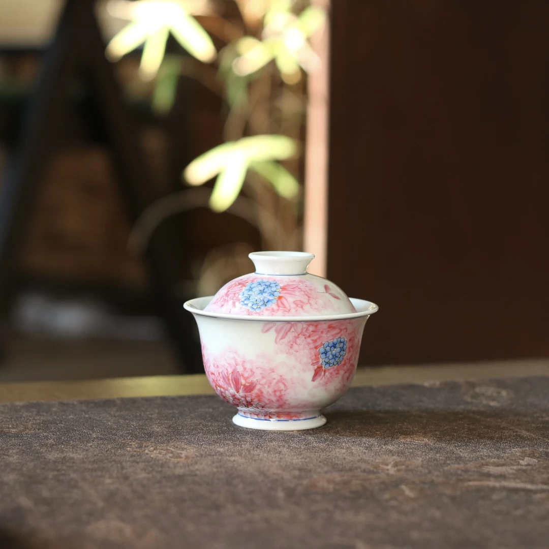 立勤堂 景德镇手绘宝石红绣球花盖碗 茶道茶具 120cc