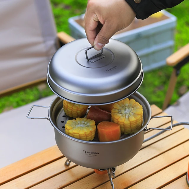 钛工匠户外钛蒸锅汤锅露营炊具套锅带蒸盘2.1L钛合金大容量锅具