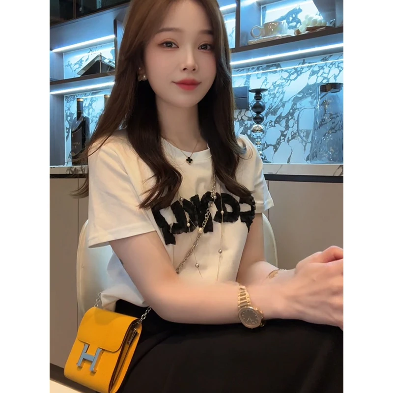高含棉高级感休闲百搭拼接短袖t恤女2025年夏季新款韩版时髦上衣
