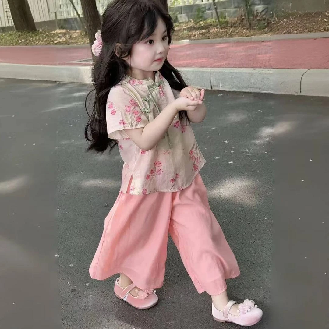 女童夏季洋气套装2025新款女宝国风短袖阔腿裤两件套中式夏装汉服