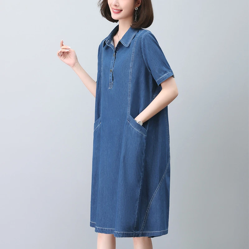 1898薄牛仔连衣裙2025夏季新款女装短袖休闲减龄妈妈装大码中长裙